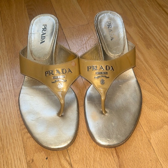 Prada gold w/silver hardware slides/sandals w/ kitten heel. - Picture 1 of 9